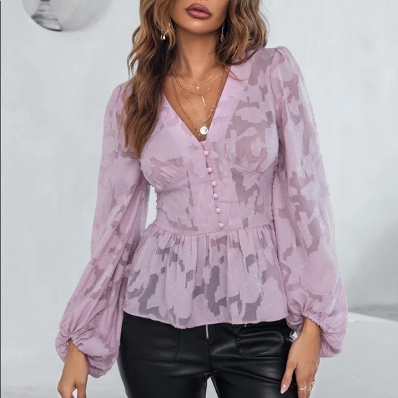 Romantic floral appliqué button detail peplum blouse redwood - Picture 2 of 16